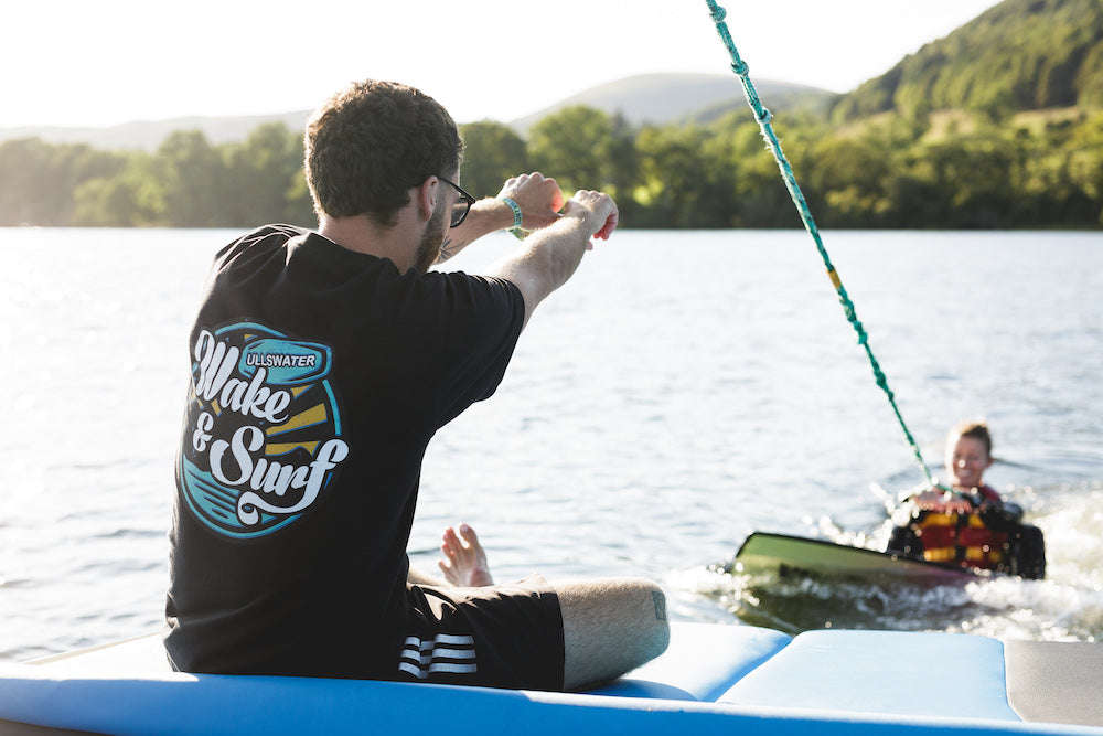 Wakesurfing coaching from back of boat at Ullswater Wake and Surf in Cumbria